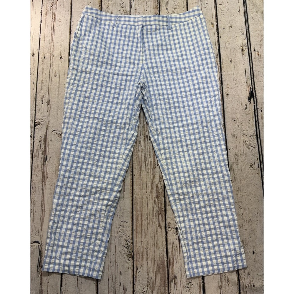 J Peterman Seersucker Pants Nautical Preppy Womens‎ Size 12 White Blue Gingham